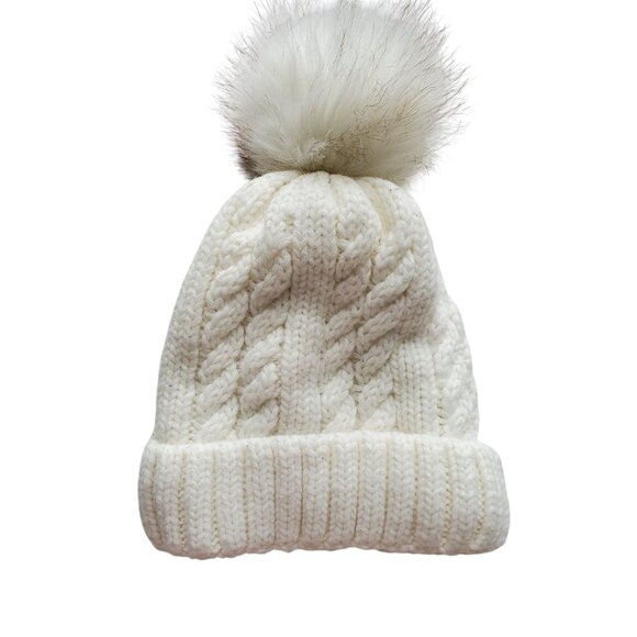 LCZTN White Cable Knit Fleece Lined Pom Beanie Cap OS - Picture 5 of 11